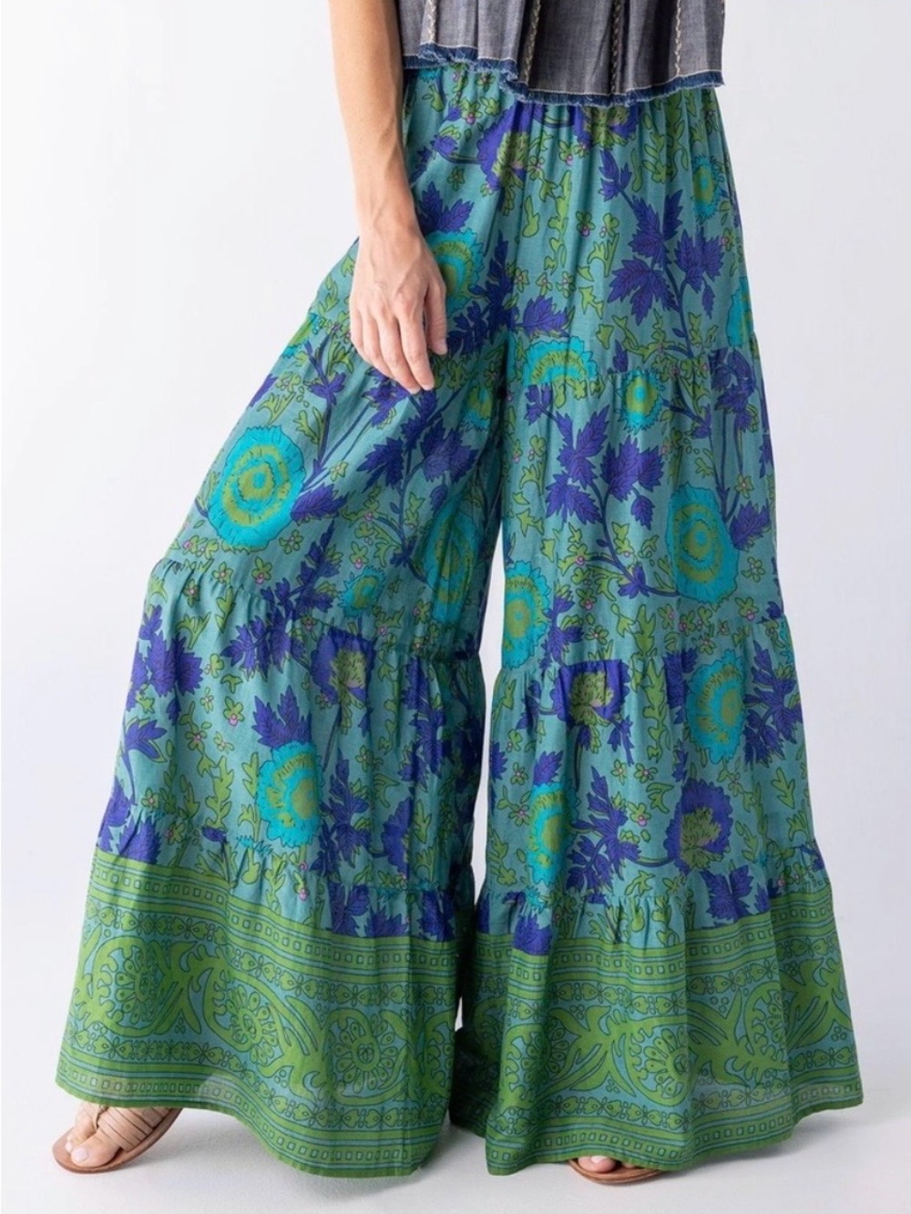 Natural Life Patti Palazzo Pants Floral Tiered Cotton Wide Leg Boho Green Size M